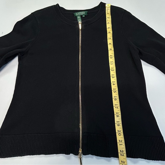 Lauren Ralph Lauren Knit Top Petite Size M Short Sleeve Zip Up 100% Cotton Black - Picture 9 of 11